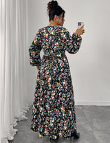 Women Plus Size Floral Print V - Neck High Waist Dress - PRUSES