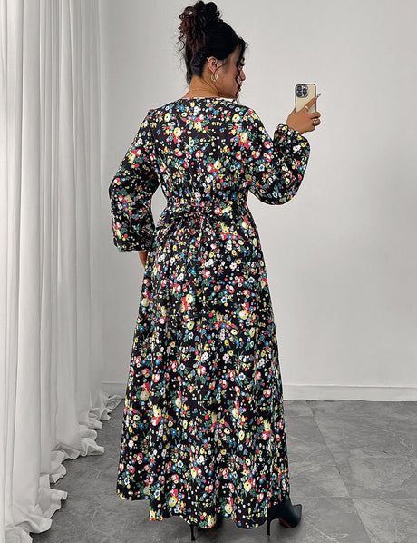 Women Plus Size Floral Print V - Neck High Waist Dress - PRUSES
