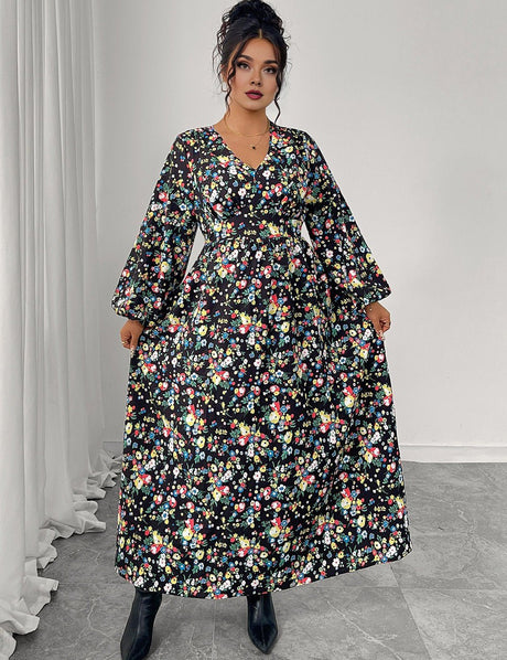 Women Plus Size Floral Print V - Neck High Waist Dress - PRUSES