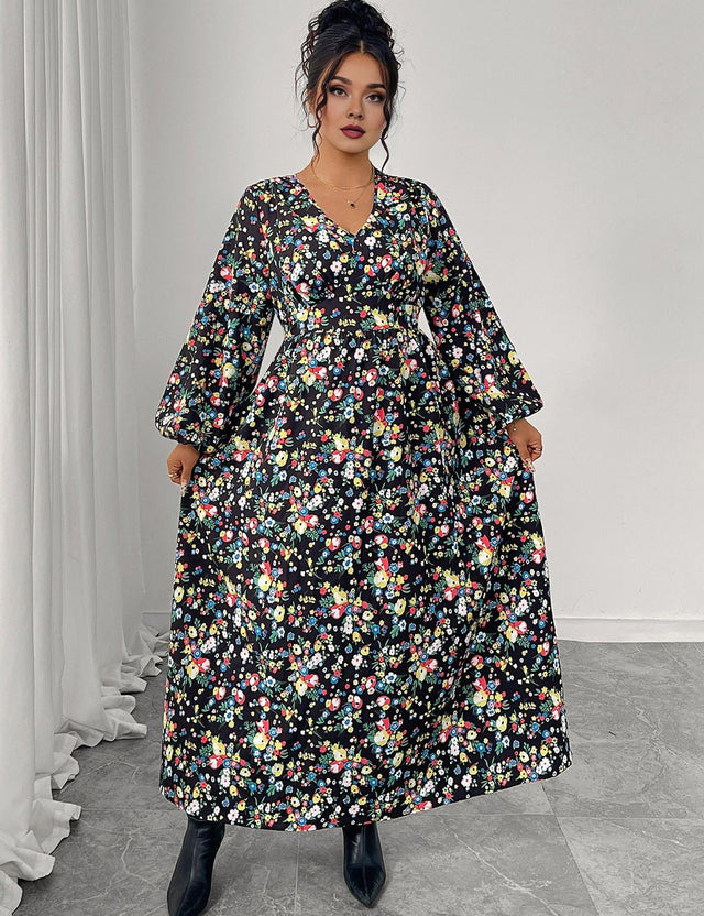 Women Plus Size Floral Print V - Neck High Waist Dress - PRUSES