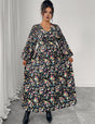 Women Plus Size Floral Print V - Neck High Waist Dress - PRUSES