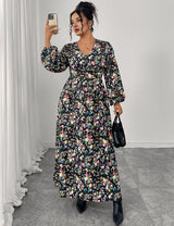 Women Plus Size Floral Print V - Neck High Waist Dress - PRUSES