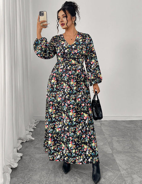 Women Plus Size Floral Print V - Neck High Waist Dress - PRUSES