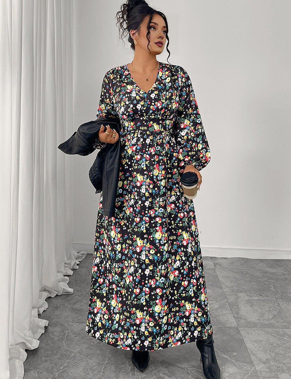 Women Plus Size Floral Print V - Neck High Waist Dress - PRUSES