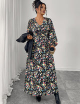 Women Plus Size Floral Print V - Neck High Waist Dress - PRUSES