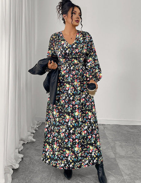 Women Plus Size Floral Print V - Neck High Waist Dress - PRUSES