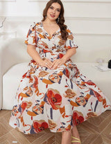 Women Plus Size Floral Print Wrap Puff Sleeve Tunic Maxi Dress | PRUSES - PRUSES