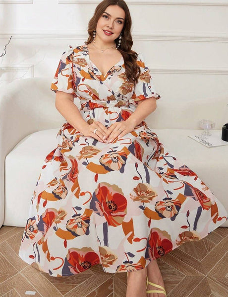 Women Plus Size Floral Print Wrap Puff Sleeve Tunic Maxi Dress | PRUSES - PRUSES