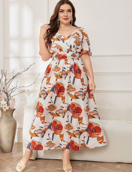 Women Plus Size Floral Print Wrap Puff Sleeve Tunic Maxi Dress | PRUSES - PRUSES