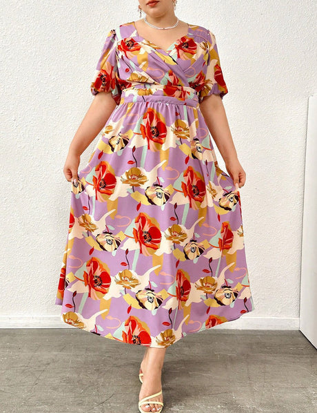 Women Plus Size Floral Print Wrap Puff Sleeve Tunic Maxi Dress | PRUSES - PRUSES