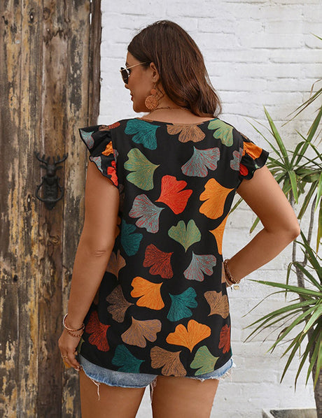 Women Plus Size Floral Printed Flying Sleeves Blouse | PRUSES - PRUSES