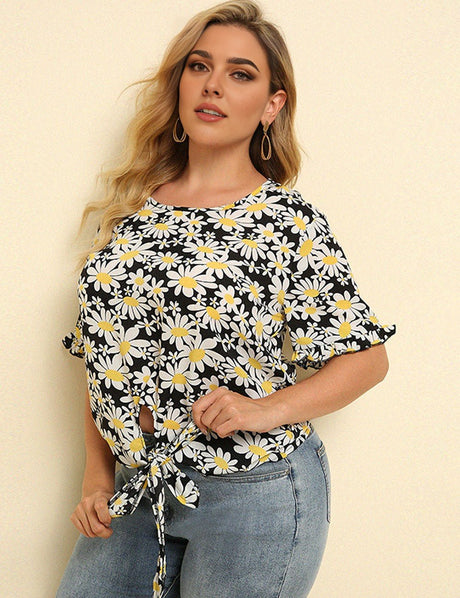 Women Plus Size Floral Printed Tops Ruffles Short Sleeve | PRUSES - PRUSES
