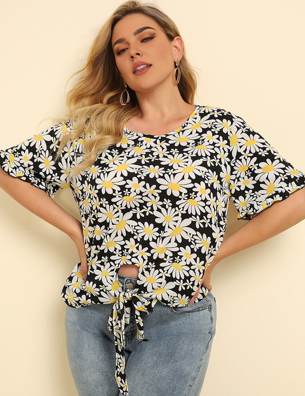 Women Plus Size Floral Printed Tops Ruffles Short Sleeve | PRUSES - PRUSES