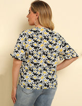 Women Plus Size Floral Printed Tops Ruffles Short Sleeve | PRUSES - PRUSES