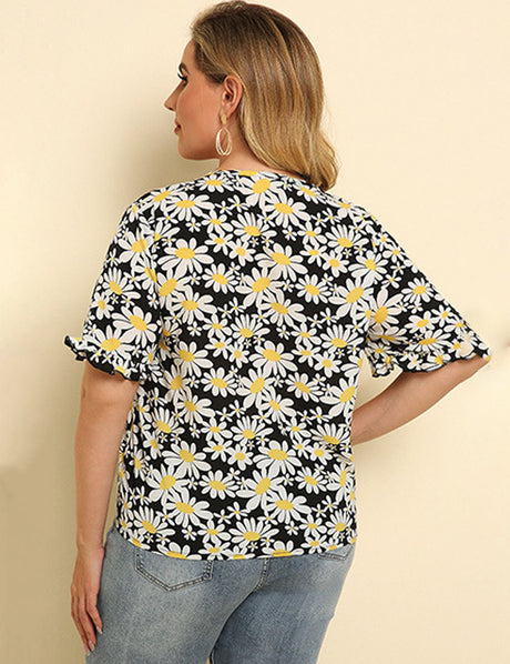 Women Plus Size Floral Printed Tops Ruffles Short Sleeve | PRUSES - PRUSES