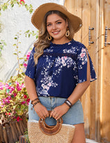 Women Plus Size Floral Short Sleeve Blouse Tops - PRUSES