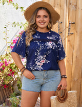Women Plus Size Floral Short Sleeve Blouse Tops - PRUSES