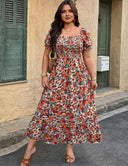 Women Plus Size Floral Smocked Square-Neck Puff Sleeve Boho Maxi Dress