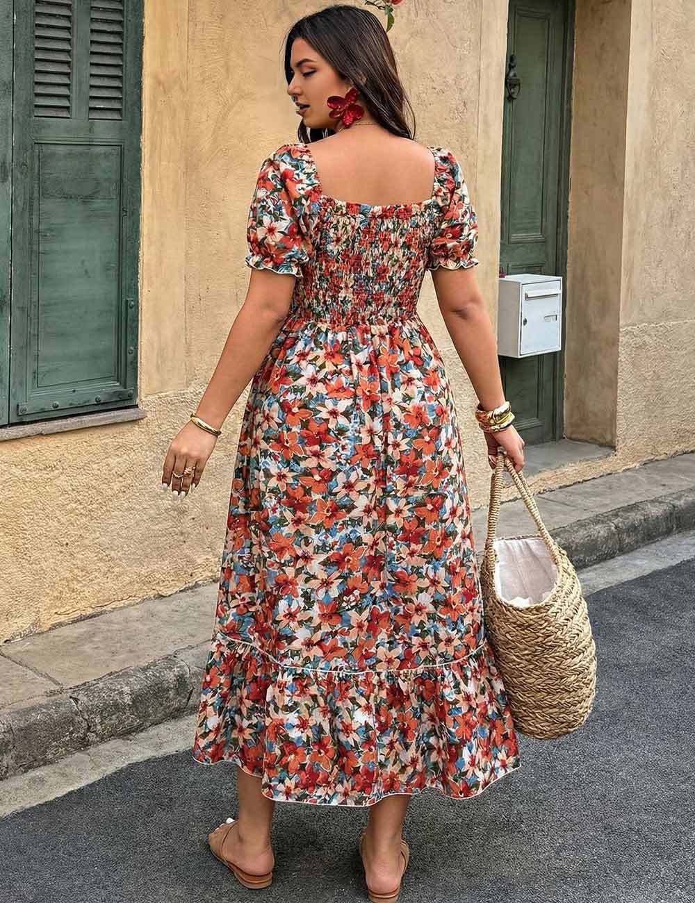 Women Plus Size Floral Smocked Square-Neck Puff Sleeve Boho Maxi Dress