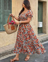Women Plus Size Floral Smocked Square-Neck Puff Sleeve Boho Maxi Dress