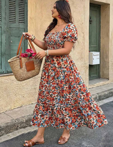 Women Plus Size Floral Smocked Square-Neck Puff Sleeve Boho Maxi Dress