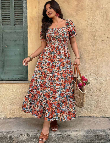 Women Plus Size Floral Smocked Square-Neck Puff Sleeve Boho Maxi Dress