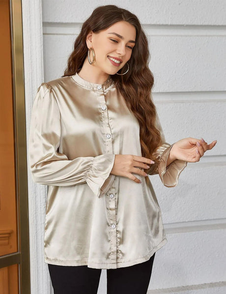 Women Plus Size Flounce Sleeve Band Collar Shirt | PRUSES - PRUSES