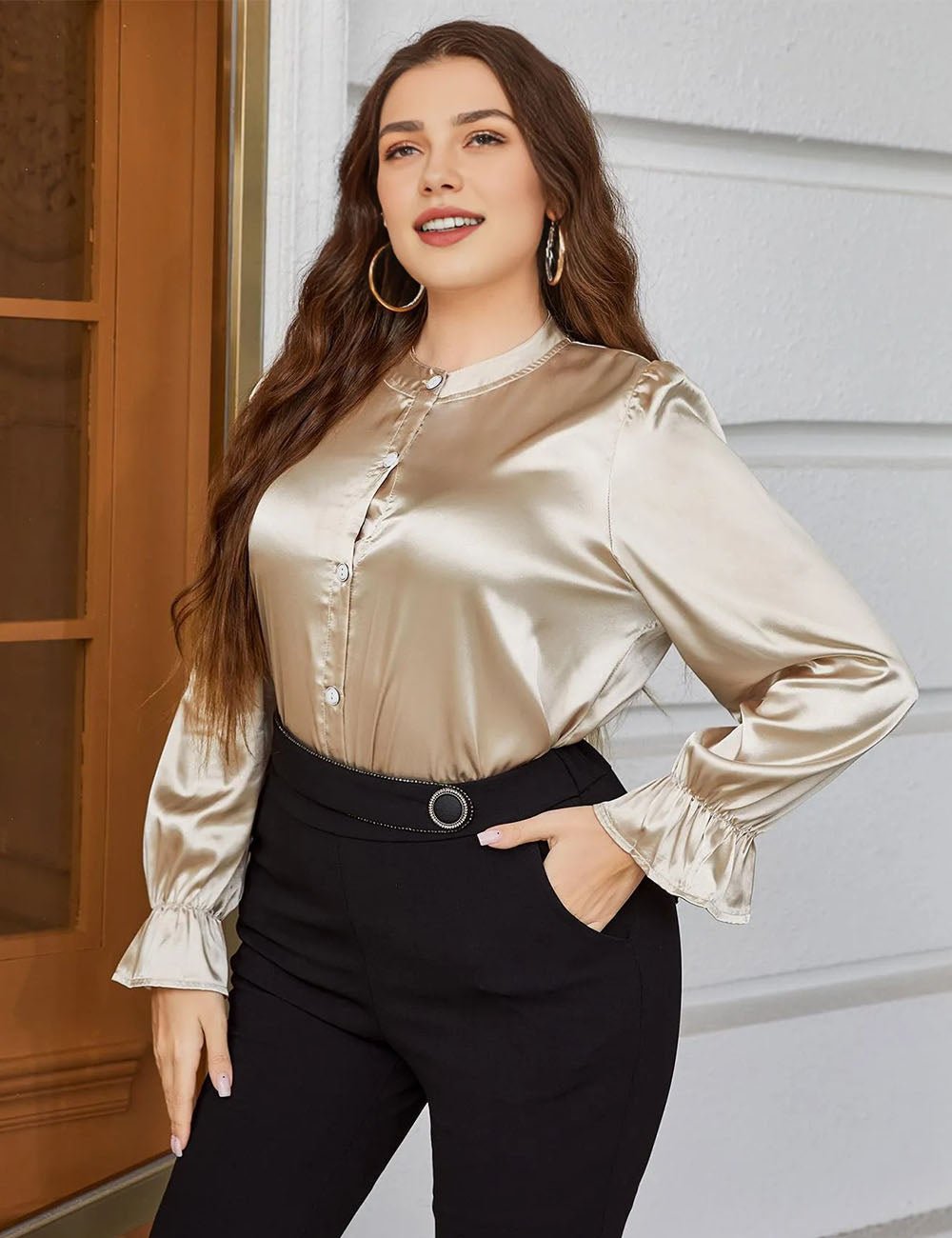 Women Plus Size Flounce Sleeve Band Collar Shirt | PRUSES - PRUSES