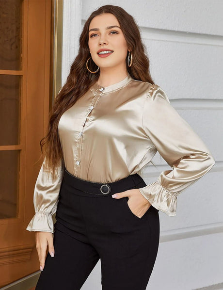 Women Plus Size Flounce Sleeve Band Collar Shirt | PRUSES - PRUSES
