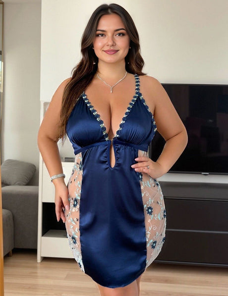 Women Plus Size Flower Embroidered Satin Cami Babydoll Dress | PRUSES - PRUSES