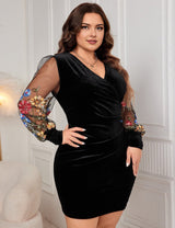 Women Plus Size Flower Embroidery Mesh Long Sleeve Velvet Dress - PRUSES