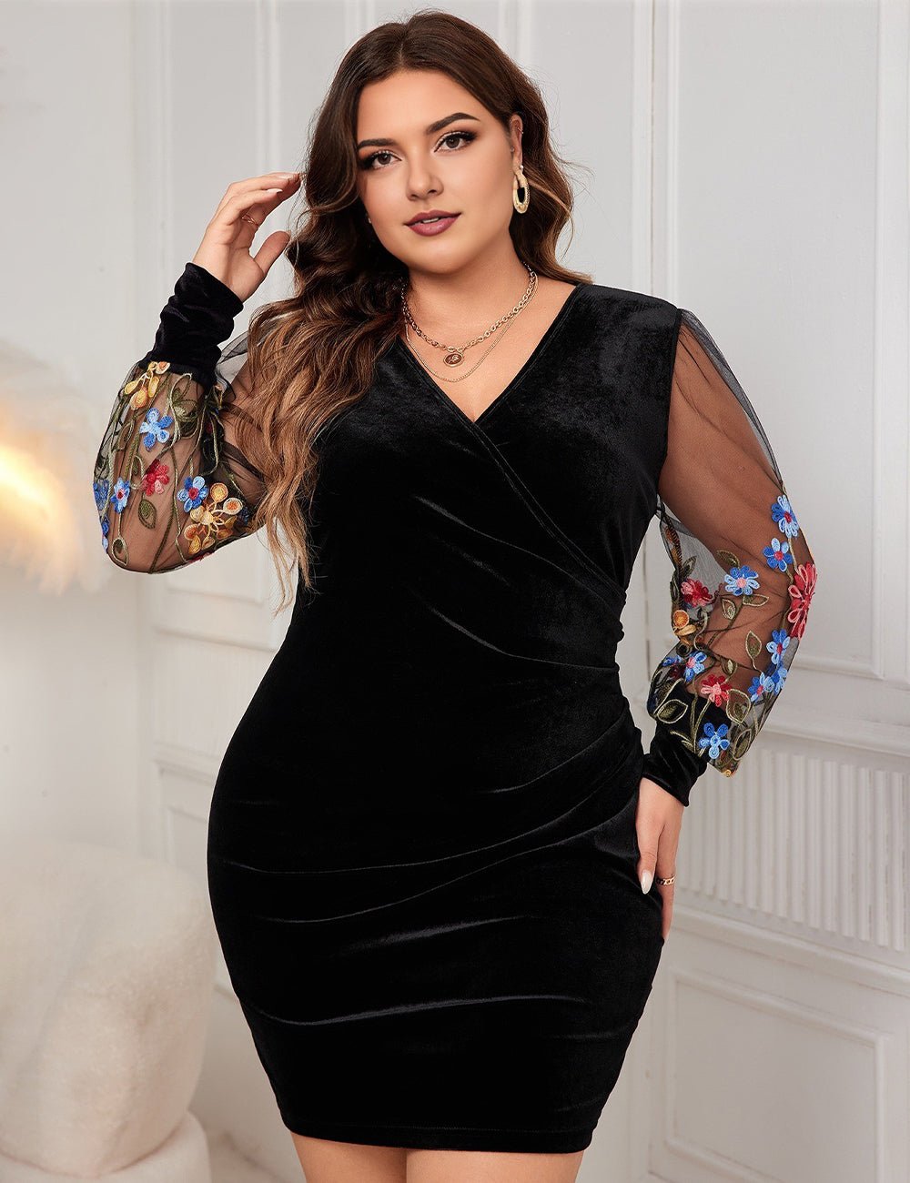 Women Plus Size Flower Embroidery Mesh Long Sleeve Velvet Dress - PRUSES