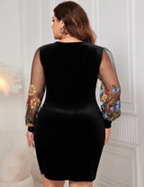 Women Plus Size Flower Embroidery Mesh Long Sleeve Velvet Dress - PRUSES