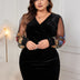 Women Plus Size Flower Embroidery Mesh Long Sleeve Velvet Dress - PRUSES
