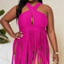 Women Plus Size Fringe Hem Crisscross Halter One Piece Swimsuit - PRUSES