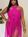 Women Plus Size Fringe Hem Crisscross Halter One Piece Swimsuit - PRUSES