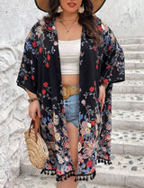 Women Plus Size Fringed Floral Cardigan Beach Cover - Up | PRUSES - PRUSES