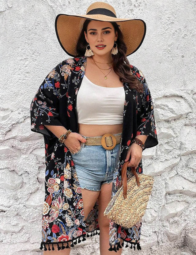 Women Plus Size Fringed Floral Cardigan Beach Cover - Up | PRUSES - PRUSES