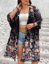 Women Plus Size Fringed Floral Cardigan Beach Cover - Up | PRUSES - PRUSES