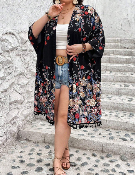Women Plus Size Fringed Floral Cardigan Beach Cover - Up | PRUSES - PRUSES