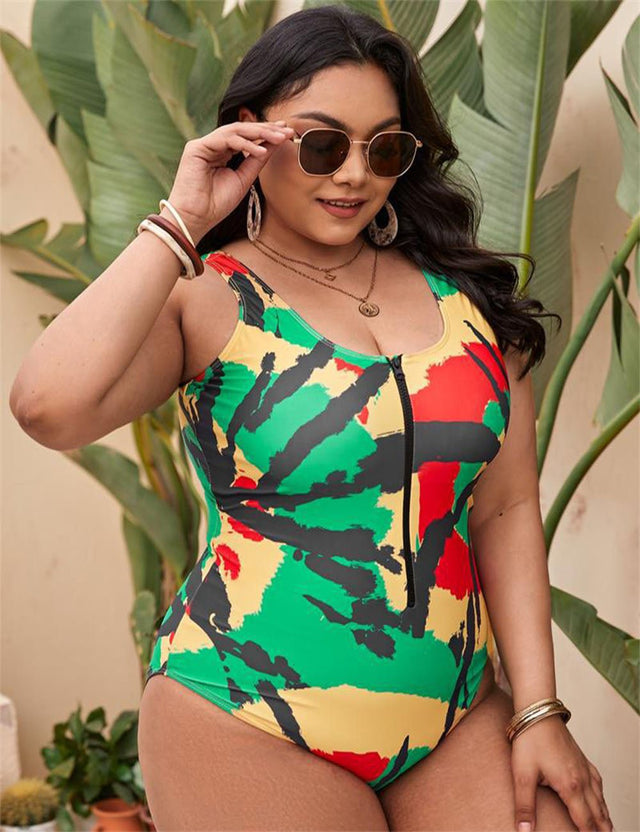 Women Plus Size Front Zip One Piece Swimsuit - PRUSES