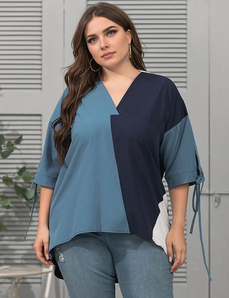 Women Plus Size Geometric Contrast Color Spliced T-shirt | PRUSES - PRUSES