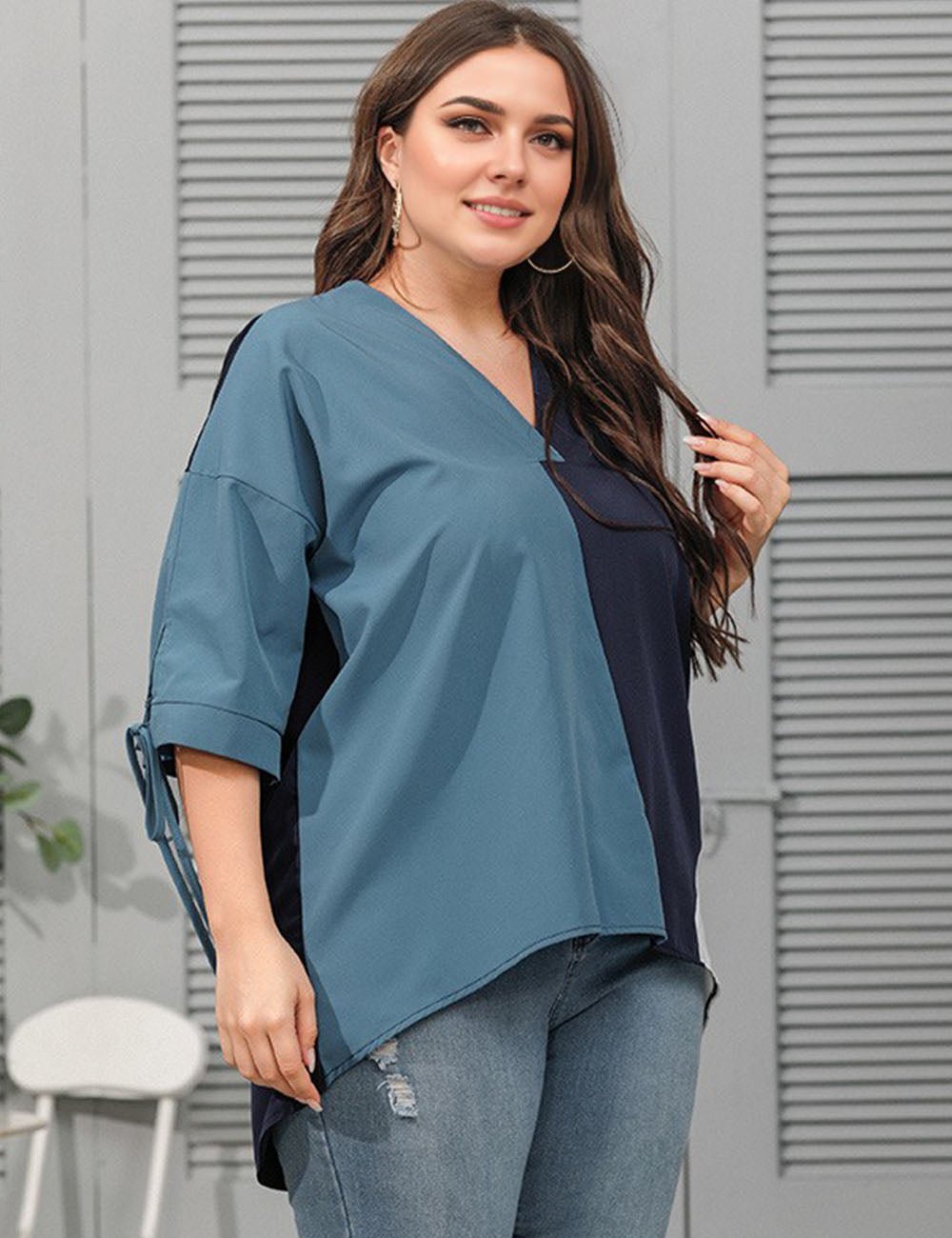 Women Plus Size Geometric Contrast Color Spliced T-shirt | PRUSES - PRUSES