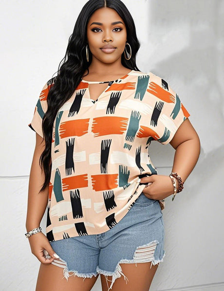 Women Plus Size Geometric Print Short Sleeve Top | PRUSES - PRUSES