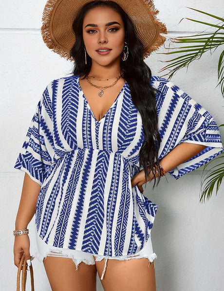 Women Plus Size Geometric Print V Neck Blouse | PRUSES - PRUSES
