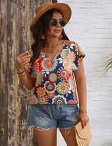 Women Plus Size Geometric Print V - Neck Blouse | PRUSES - PRUSES