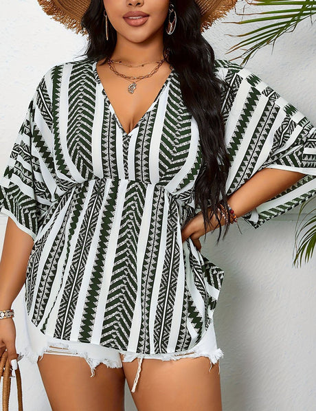 Women Plus Size Geometric Print V Neck Blouse | PRUSES - PRUSES