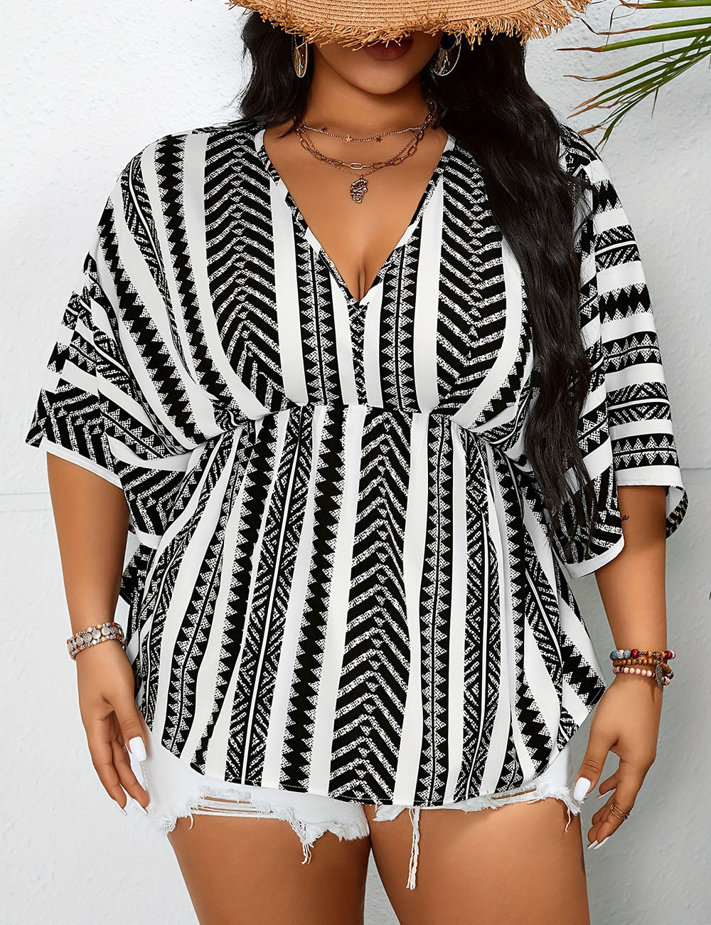 Women Plus Size Geometric Print V Neck Blouse | PRUSES - PRUSES
