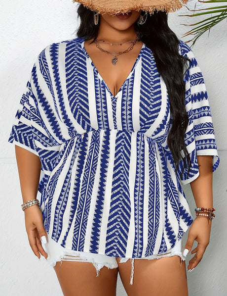 Women Plus Size Geometric Print V Neck Blouse | PRUSES - PRUSES
