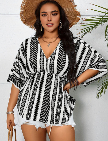 Women Plus Size Geometric Print V Neck Blouse | PRUSES - PRUSES